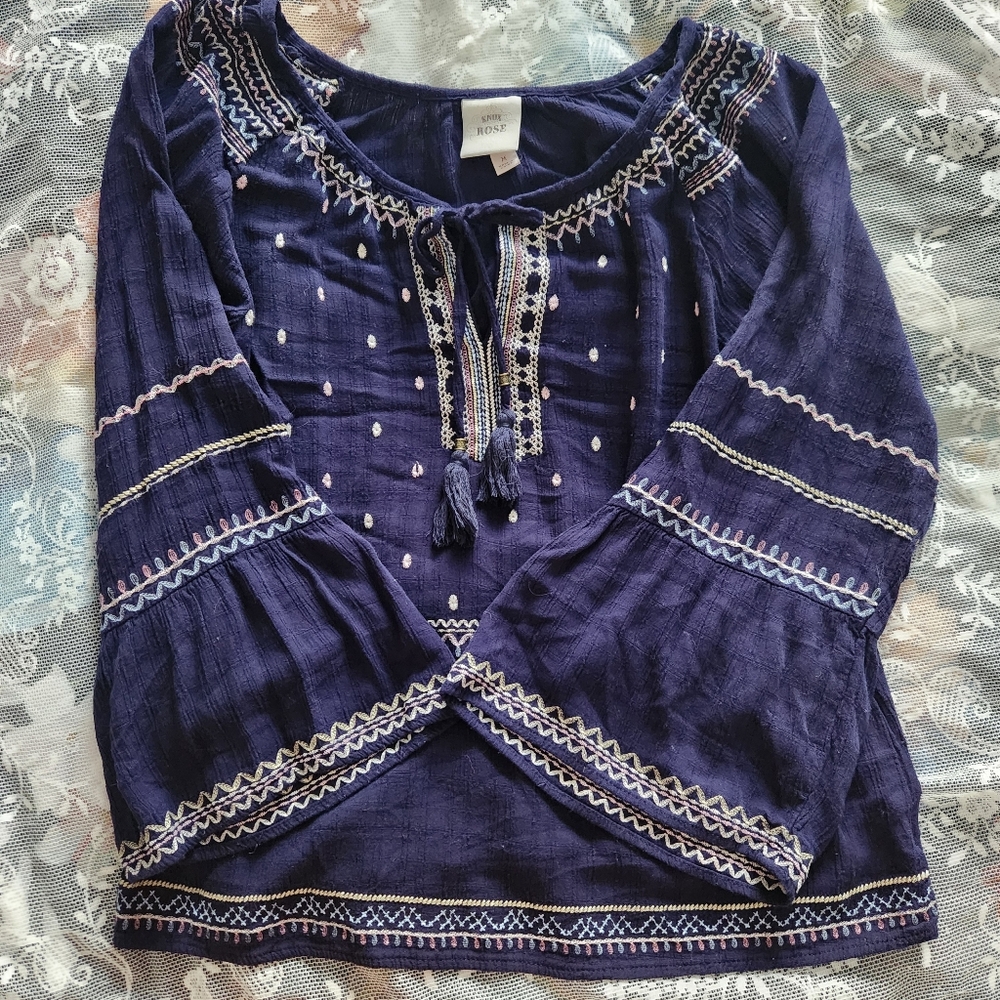 Knox Rose Dark Blue Embroidered Blouse Flounce Sleeve Size M Boho